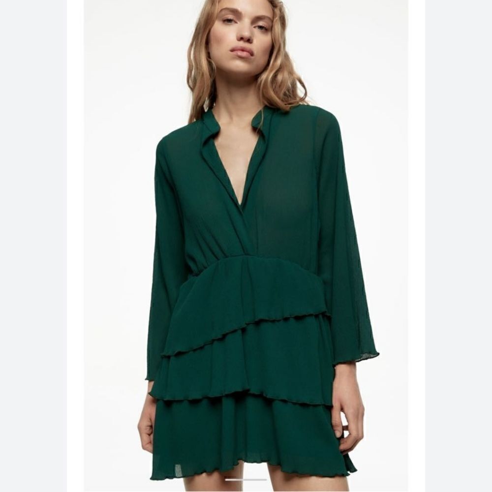 Zara Green Pleated Ruffle Mini Dress Women's Size Small